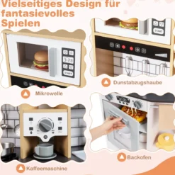 Kinder Spielküche aus Holz Spielküche mit Licht Sound Herd Spüle Dunstabzugshaube Eismaschine Grau