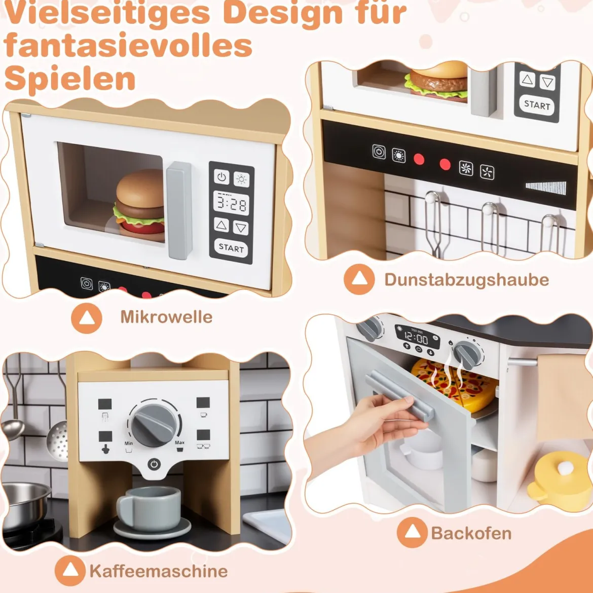 Kinder Spielküche aus Holz Spielküche mit Licht Sound Herd Spüle Dunstabzugshaube Eismaschine Grau