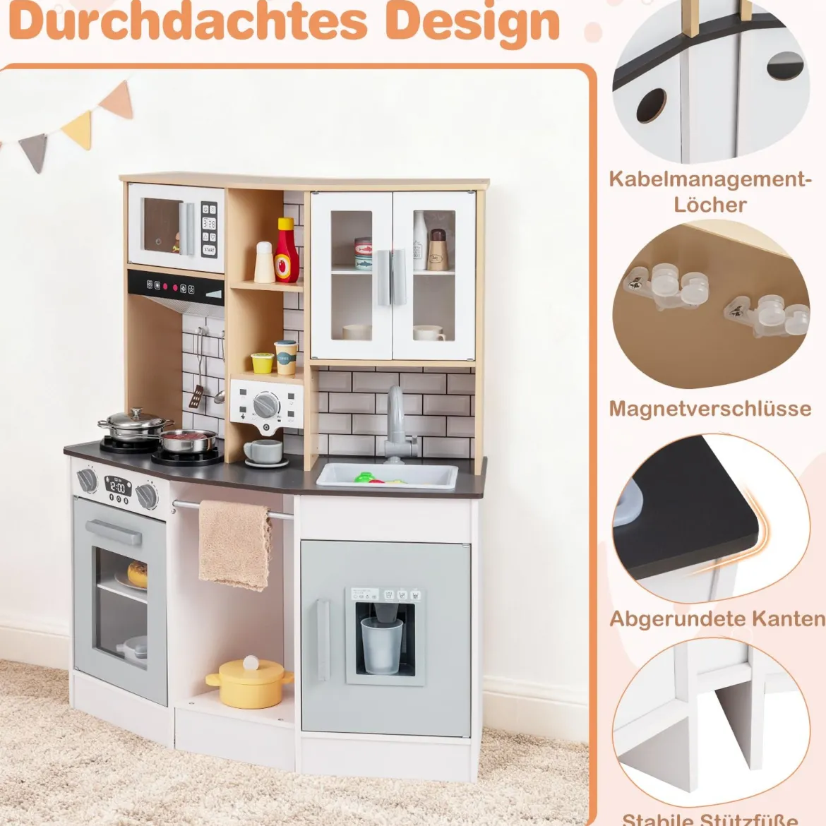Kinder Spielküche aus Holz Spielküche mit Licht Sound Herd Spüle Dunstabzugshaube Eismaschine Grau