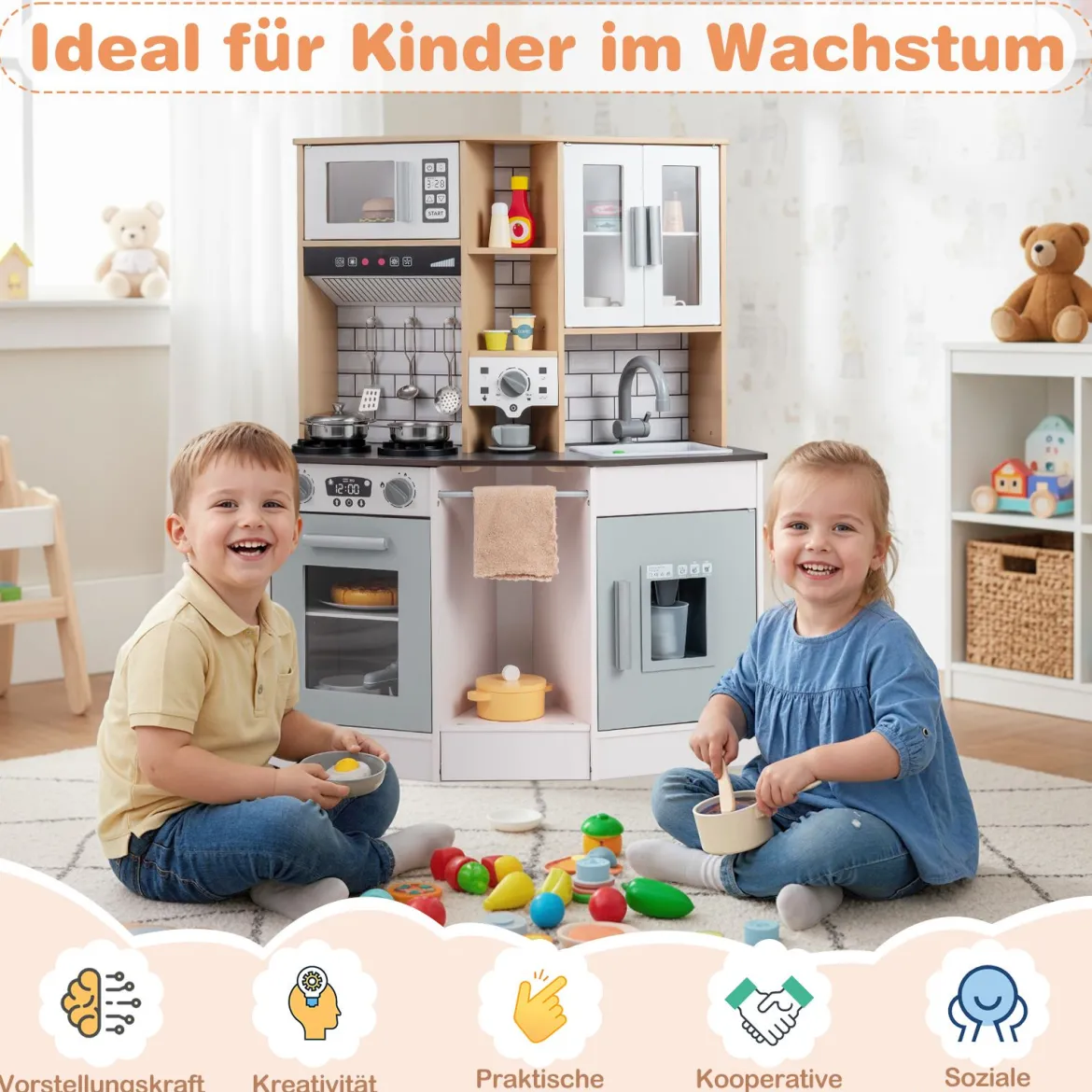 Kinder Spielküche aus Holz Spielküche mit Licht Sound Herd Spüle Dunstabzugshaube Eismaschine Grau