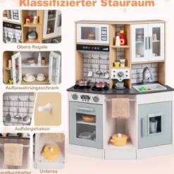 Kinder Spielküche aus Holz Spielküche mit Licht Sound Herd Spüle Dunstabzugshaube Eismaschine Grau