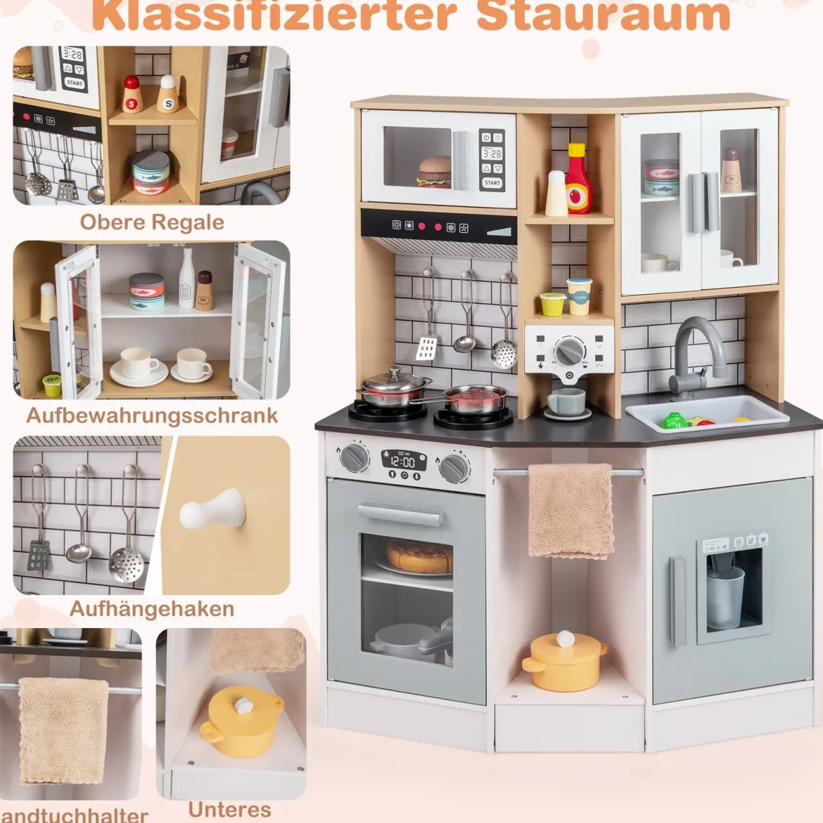 Kinder Spielküche aus Holz Spielküche mit Licht Sound Herd Spüle Dunstabzugshaube Eismaschine Grau