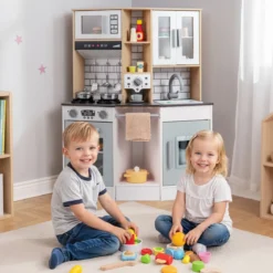 Kinder Spielküche aus Holz Spielküche mit Licht Sound Herd Spüle Dunstabzugshaube Eismaschine Grau