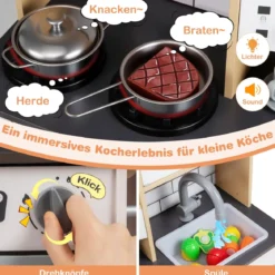 Kinder Spielküche aus Holz Spielküche mit Licht Sound Herd Spüle Dunstabzugshaube Eismaschine Grau