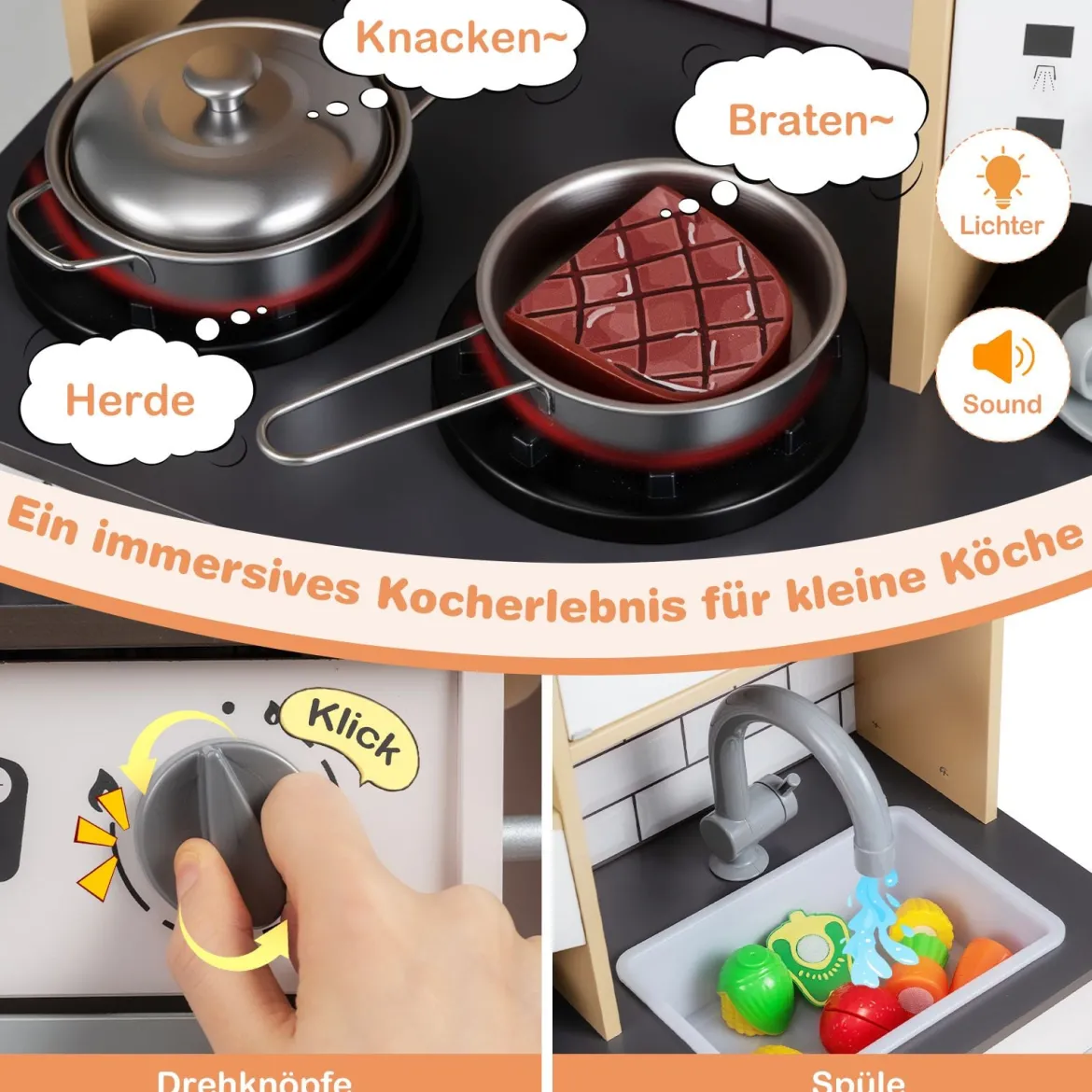 Kinder Spielküche aus Holz Spielküche mit Licht Sound Herd Spüle Dunstabzugshaube Eismaschine Grau