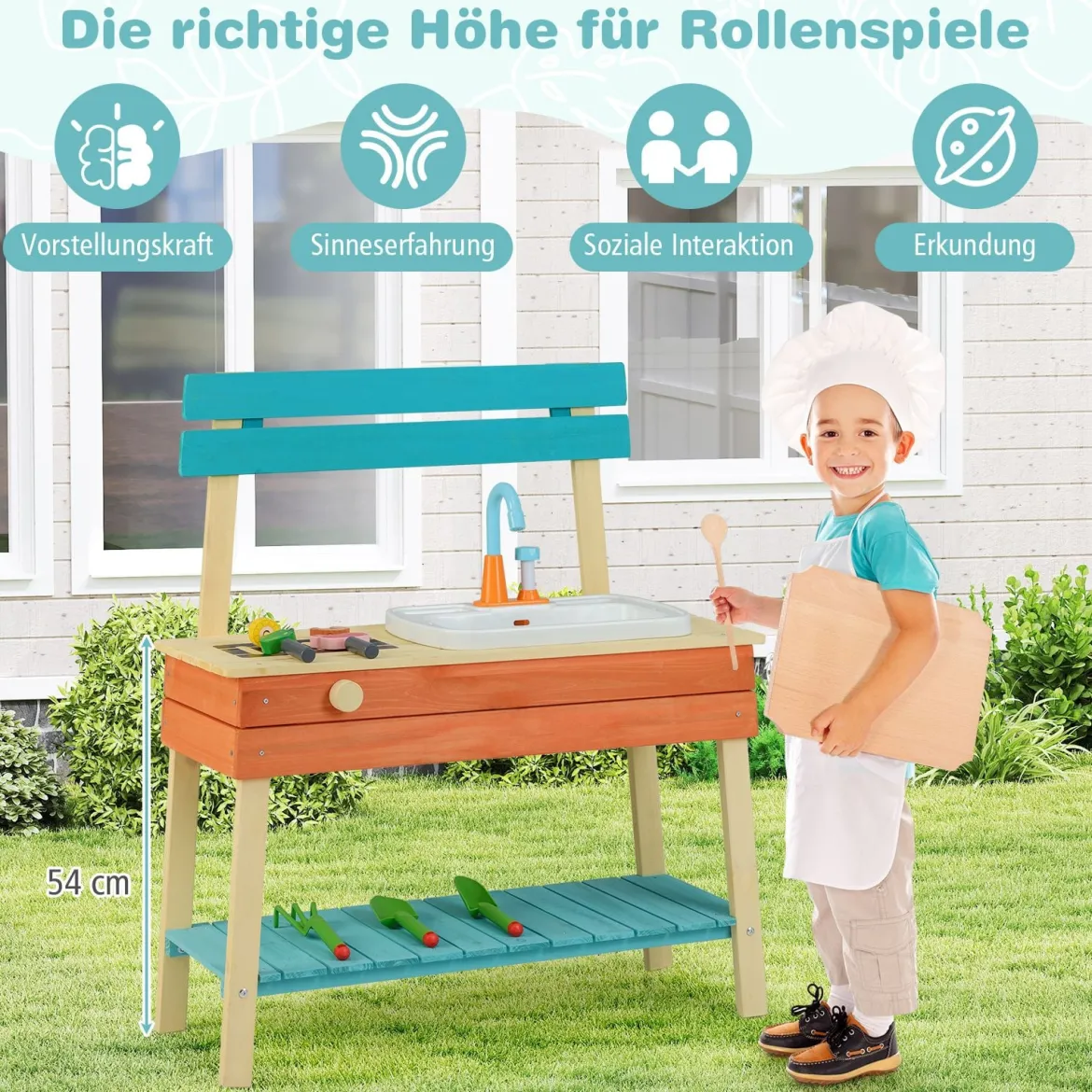 Kinder Spielküche hölzernes Kinderkücheset mit Lebensmitteln Holzspießen Grillrost Blau
