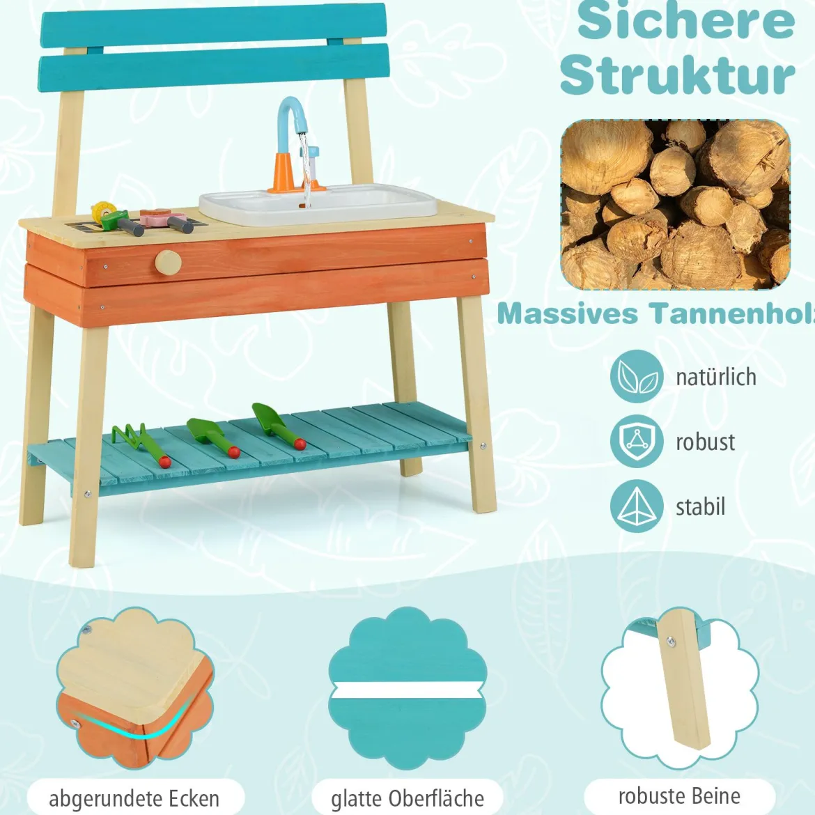 Kinder Spielküche hölzernes Kinderkücheset mit Lebensmitteln Holzspießen Grillrost Blau