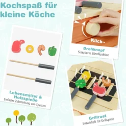 Kinder Spielküche hölzernes Kinderkücheset mit Lebensmitteln Holzspießen Grillrost Blau