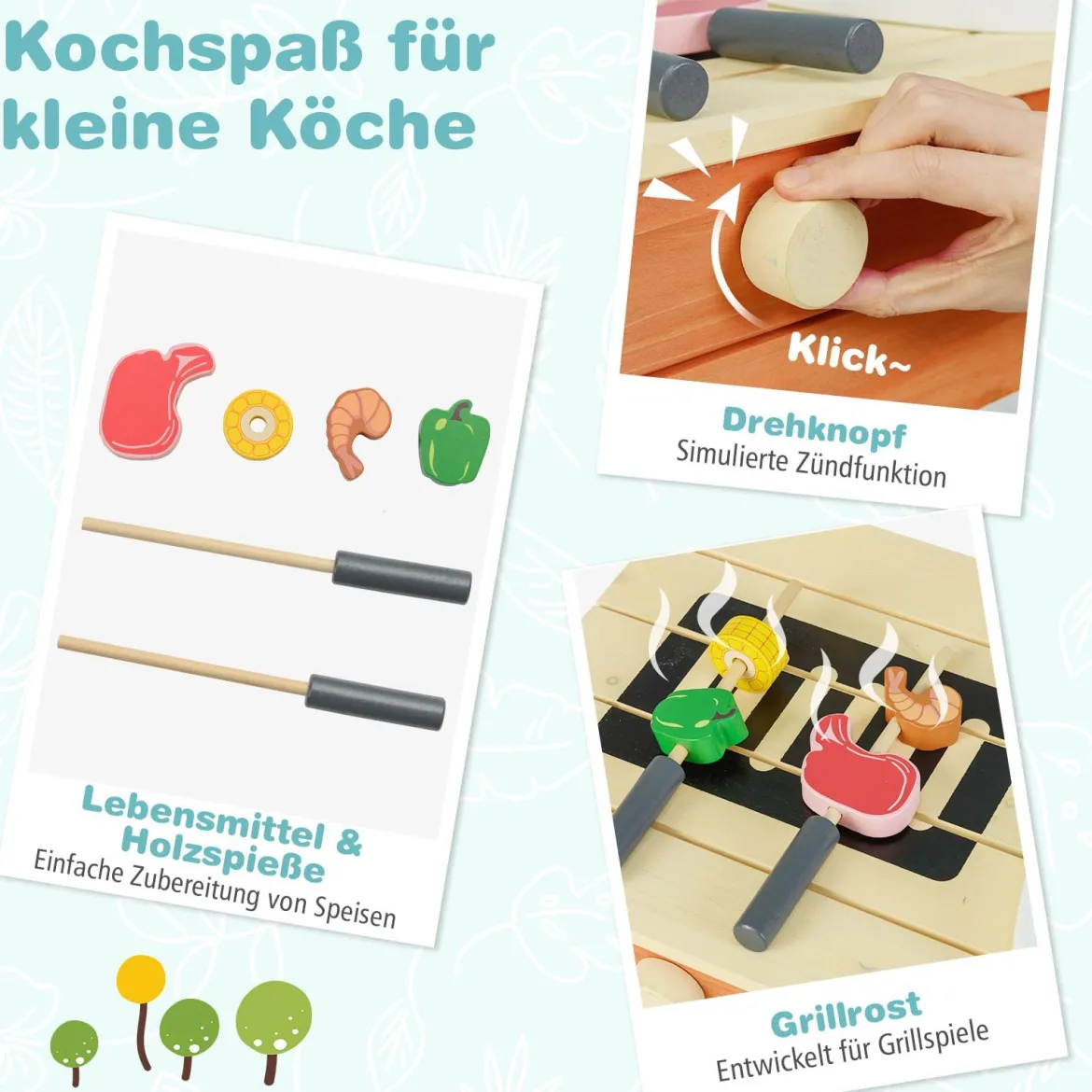 Kinder Spielküche hölzernes Kinderkücheset mit Lebensmitteln Holzspießen Grillrost Blau