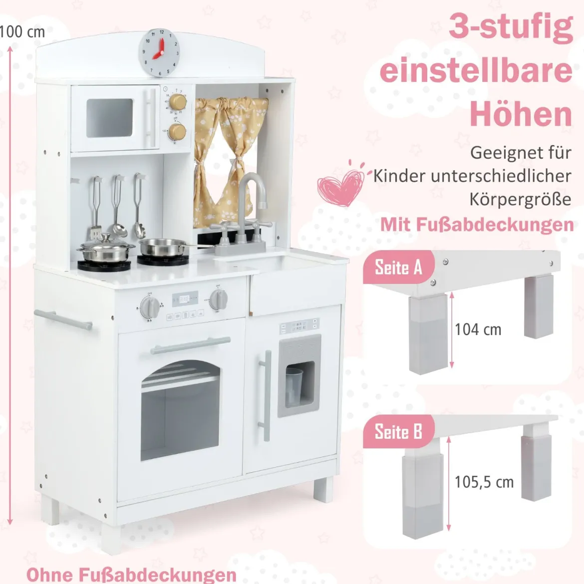 Kinderspielküche Holz Kinderküche mit 3 Höhenverstellungen Mikrowelle Herd Spüle Ofen Eismaschine Weiß