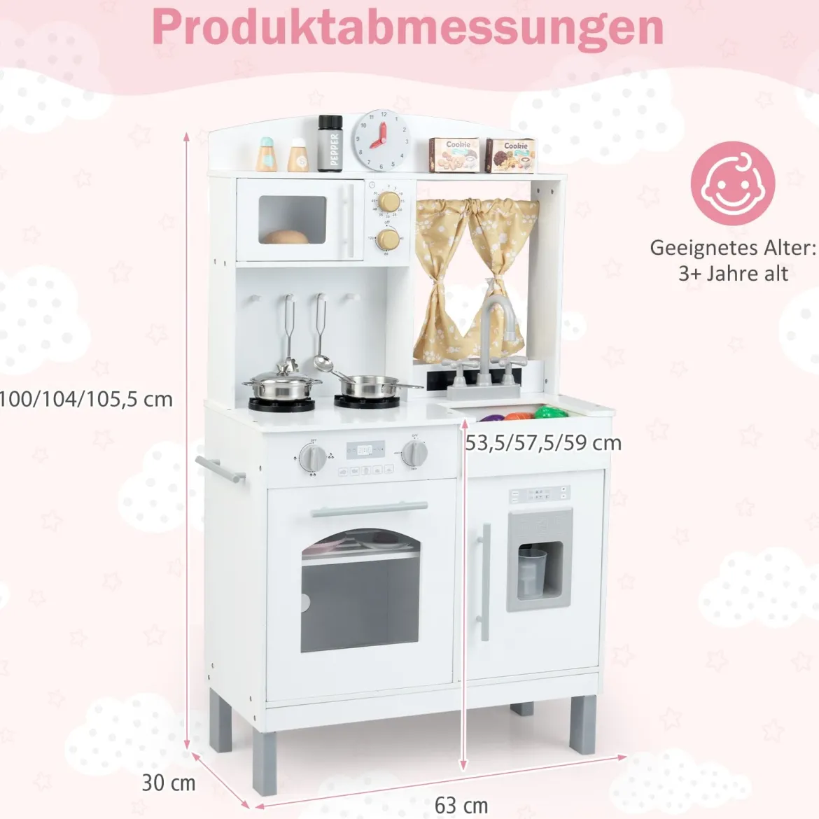 Kinderspielküche Holz Kinderküche mit 3 Höhenverstellungen Mikrowelle Herd Spüle Ofen Eismaschine Weiß