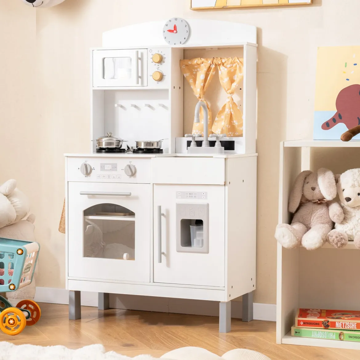 Kinderspielküche Holz Kinderküche mit 3 Höhenverstellungen Mikrowelle Herd Spüle Ofen Eismaschine Weiß
