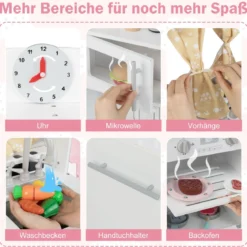 Kinderspielküche Holz Kinderküche mit 3 Höhenverstellungen Mikrowelle Herd Spüle Ofen Eismaschine Weiß