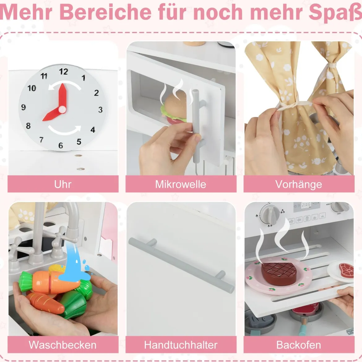 Kinderspielküche Holz Kinderküche mit 3 Höhenverstellungen Mikrowelle Herd Spüle Ofen Eismaschine Weiß