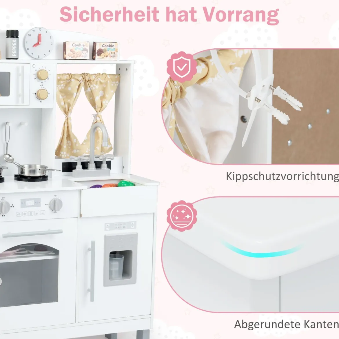 Kinderspielküche Holz Kinderküche mit 3 Höhenverstellungen Mikrowelle Herd Spüle Ofen Eismaschine Weiß