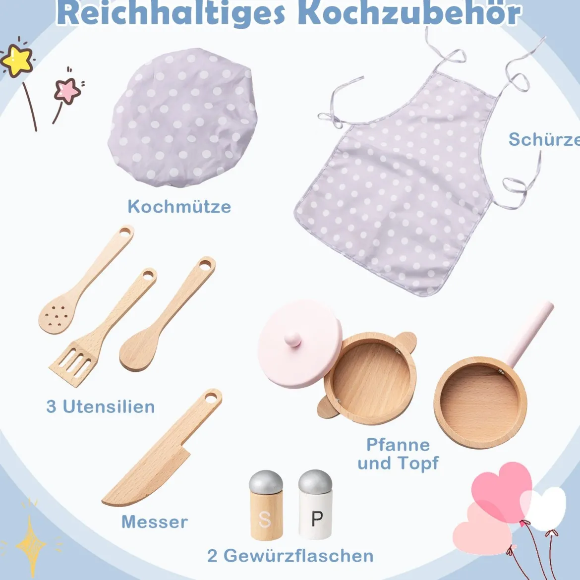 Kinder Spielküche Holzspielküche mit Lichtern Geräuschen Herd Spüle Backofen & Kochzubehör Blau