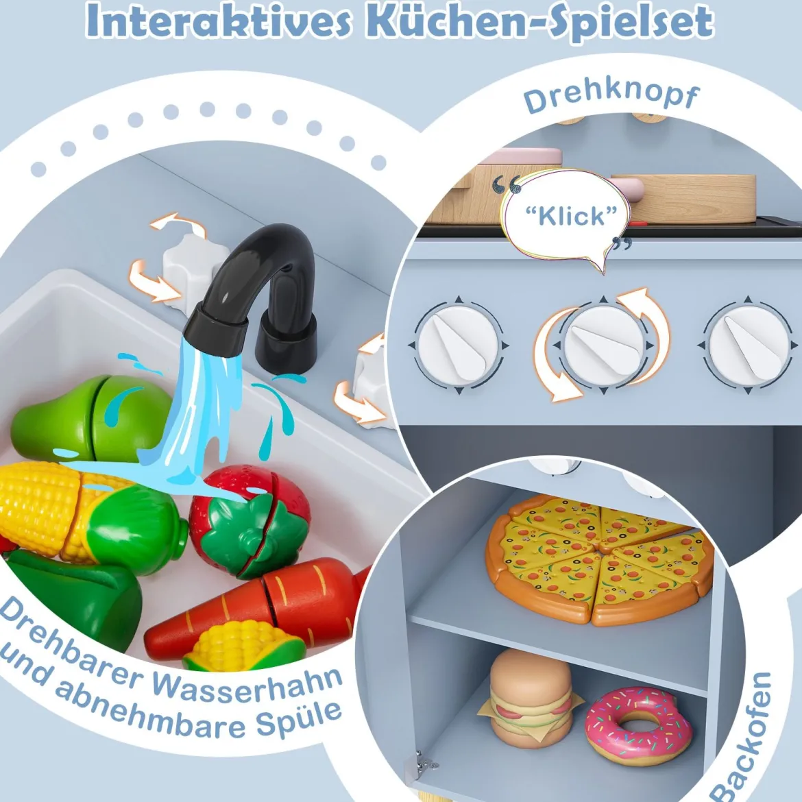 Kinder Spielküche Holzspielküche mit Lichtern Geräuschen Herd Spüle Backofen & Kochzubehör Blau