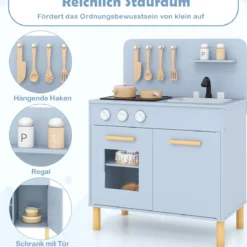 Kinder Spielküche Holzspielküche mit Lichtern Geräuschen Herd Spüle Backofen & Kochzubehör Blau