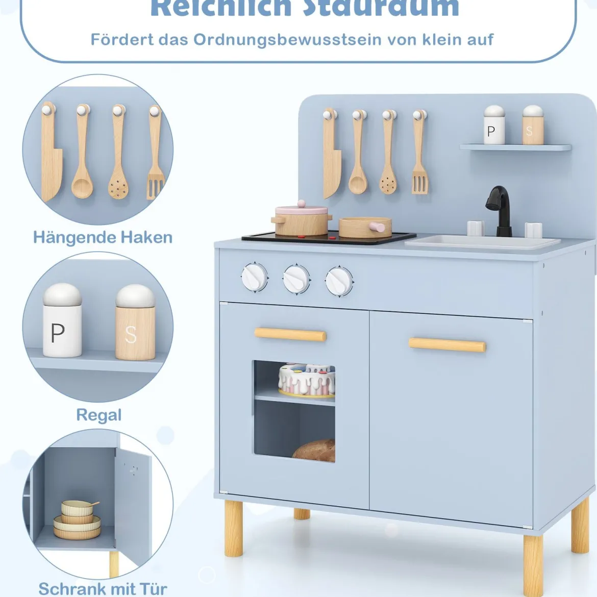 Kinder Spielküche Holzspielküche mit Lichtern Geräuschen Herd Spüle Backofen & Kochzubehör Blau