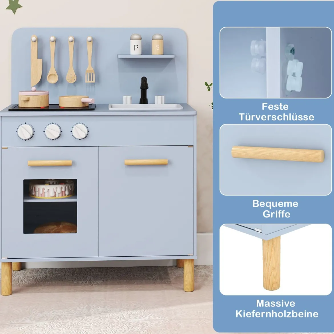 Kinder Spielküche Holzspielküche mit Lichtern Geräuschen Herd Spüle Backofen & Kochzubehör Blau