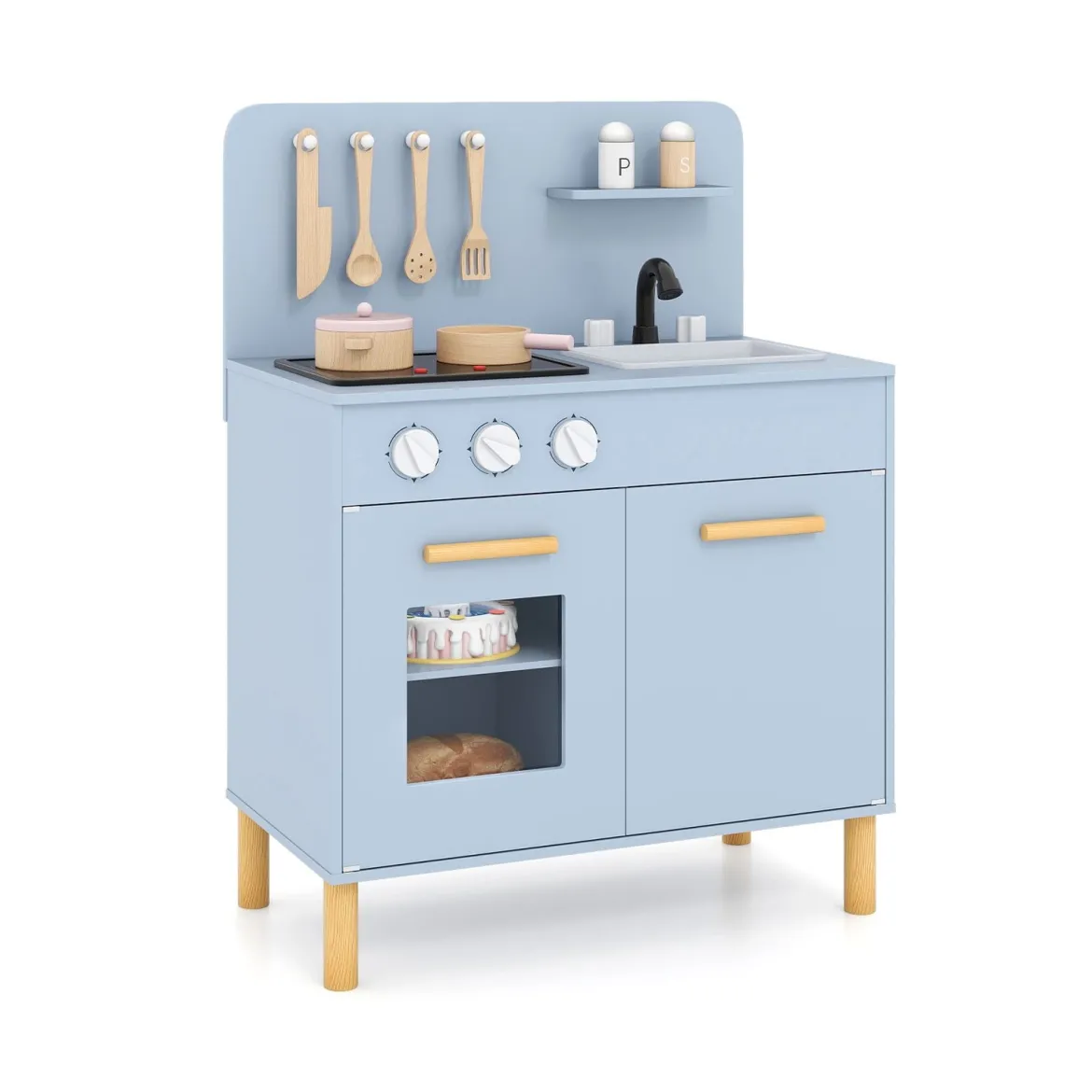 Kinder Spielküche Holzspielküche mit Lichtern Geräuschen Herd Spüle Backofen & Kochzubehör Blau