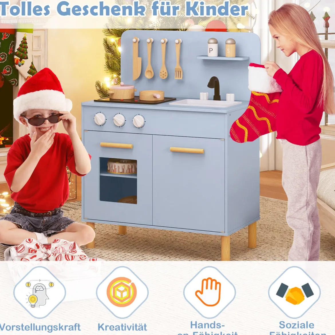Kinder Spielküche Holzspielküche mit Lichtern Geräuschen Herd Spüle Backofen & Kochzubehör Blau