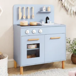 Kinder Spielküche Holzspielküche mit Lichtern Geräuschen Herd Spüle Backofen & Kochzubehör Blau