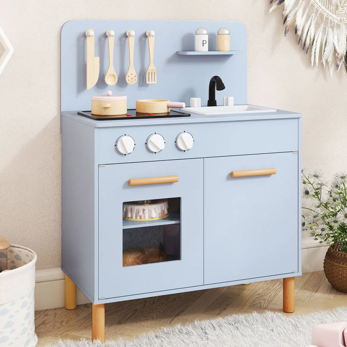 Kinder Spielküche Holzspielküche mit Lichtern Geräuschen Herd Spüle Backofen & Kochzubehör Blau