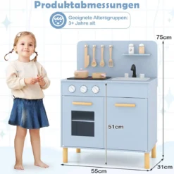 Kinder Spielküche Holzspielküche mit Lichtern Geräuschen Herd Spüle Backofen & Kochzubehör Blau