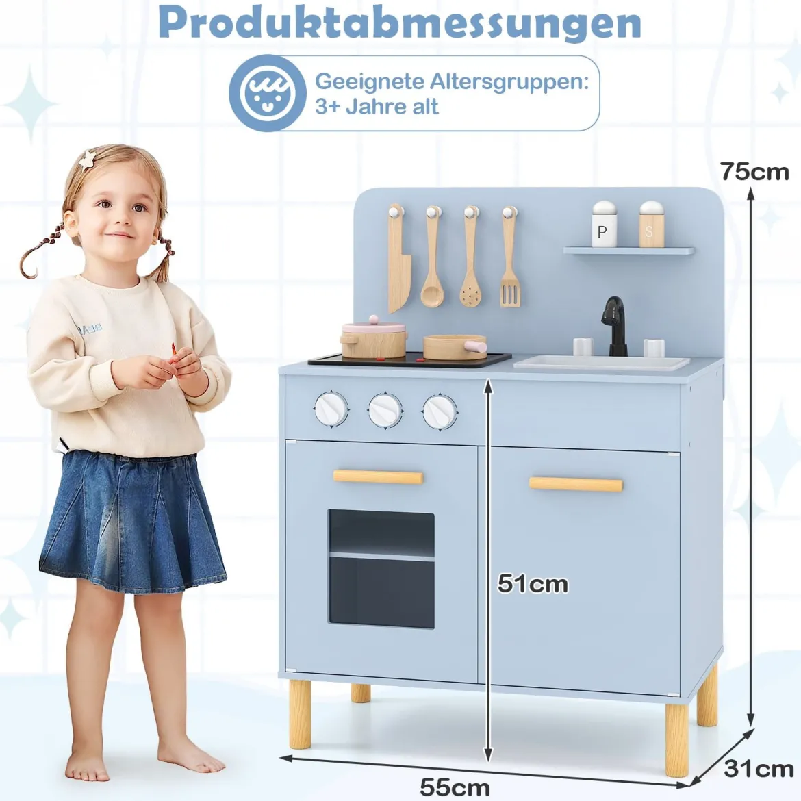Kinder Spielküche Holzspielküche mit Lichtern Geräuschen Herd Spüle Backofen & Kochzubehör Blau