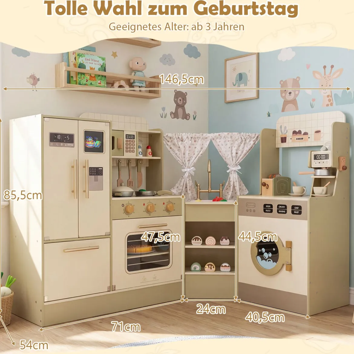 Kinderspielküche Kinderküche Spielset mit Wasserhahn Geschirrspüler Herd Kaffeemaschine Grün
