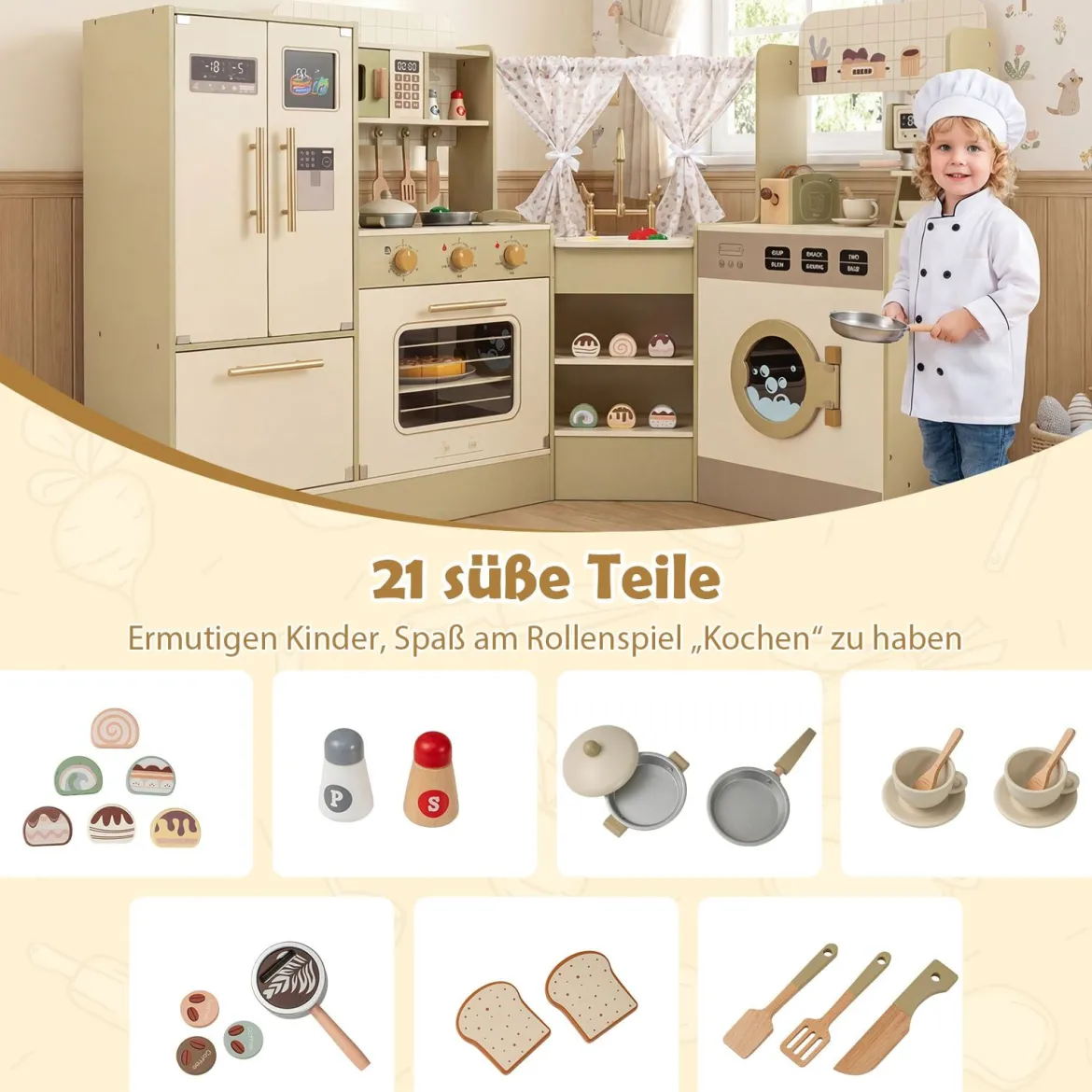 Kinderspielküche Kinderküche Spielset mit Wasserhahn Geschirrspüler Herd Kaffeemaschine Grün