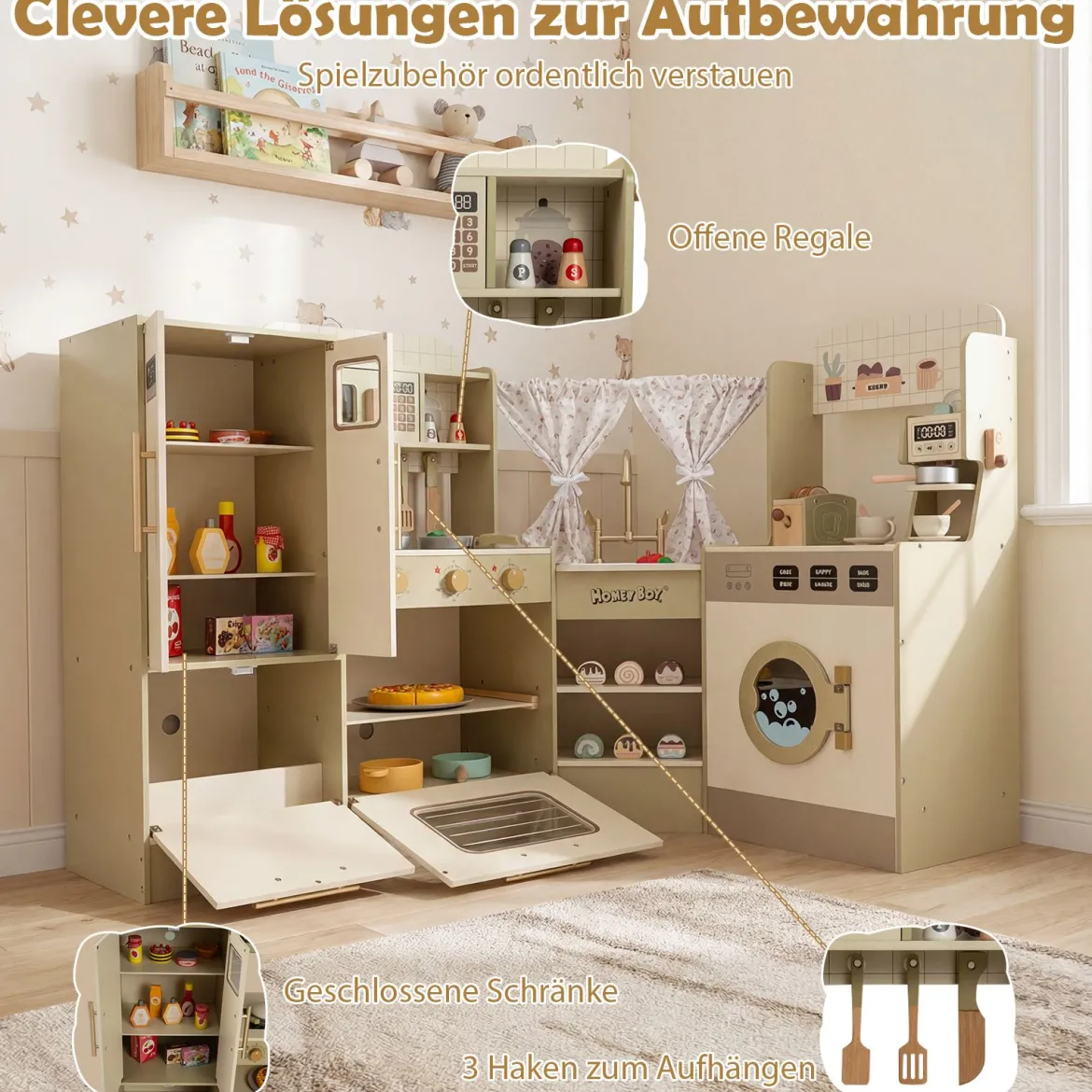 Kinderspielküche Kinderküche Spielset mit Wasserhahn Geschirrspüler Herd Kaffeemaschine Grün