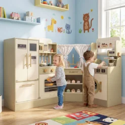 Kinderspielküche Kinderküche Spielset mit Wasserhahn Geschirrspüler Herd Kaffeemaschine Grün
