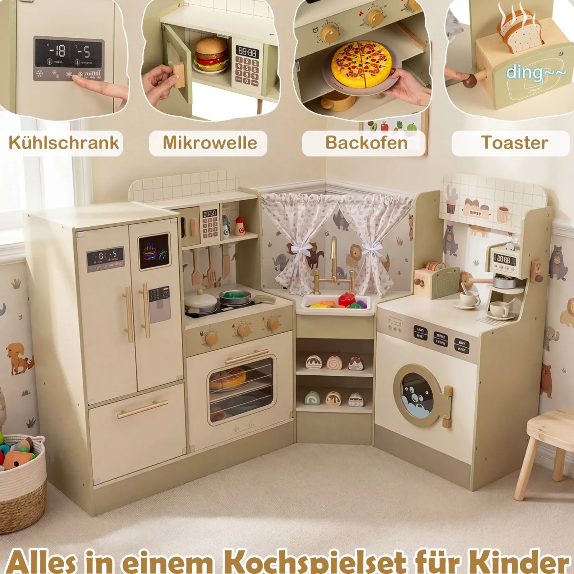 Kinderspielküche Kinderküche Spielset mit Wasserhahn Geschirrspüler Herd Kaffeemaschine Grün