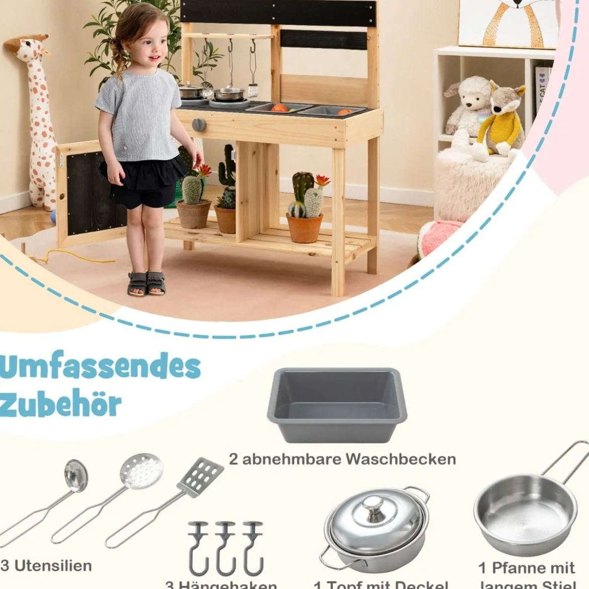 Kinder Spielküche mit 2 Abnehmbaren Spülbecken & Herd & Küchengeschirr