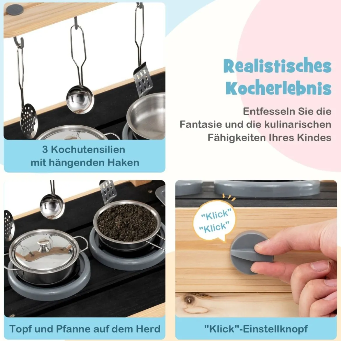 Kinder Spielküche mit 2 Abnehmbaren Spülbecken & Herd & Küchengeschirr