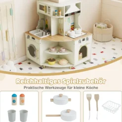 Kinder Spielküche mit Funktionierendem Wasserhahn & Spüle Holz Eckküche Spielset
