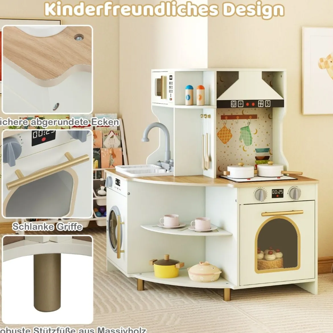 Kinder Spielküche mit Funktionierendem Wasserhahn & Spüle Holz Eckküche Spielset