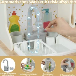 Kinder Spielküche mit Funktionierendem Wasserhahn & Spüle Holz Eckküche Spielset
