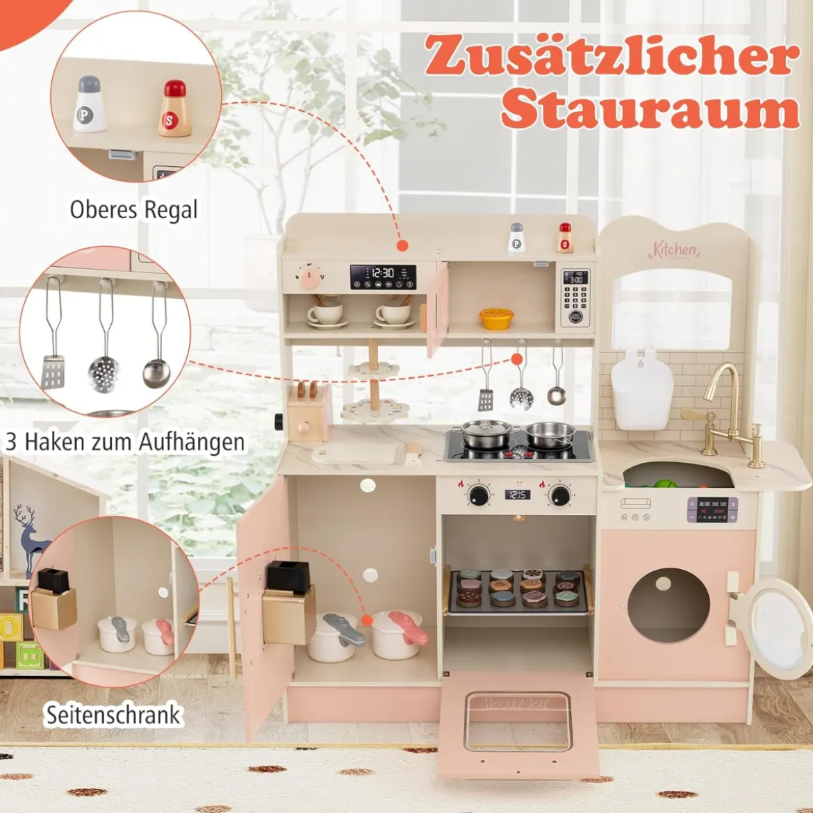 Kinder Spielküche mit Herd & Licht & Sound Holz Kochspielküche für ab 3 Jahren Rosa