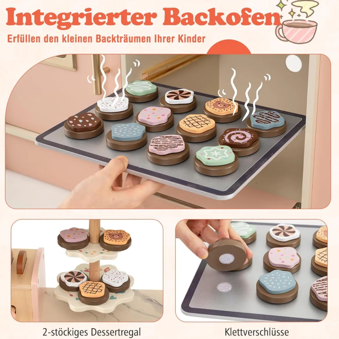 Kinder Spielküche mit Herd & Licht & Sound Holz Kochspielküche für ab 3 Jahren Rosa