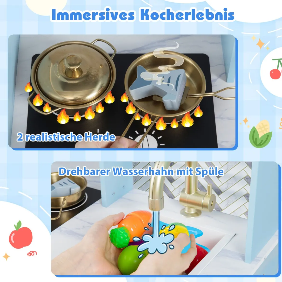 Kinder Spielküche mit Kaffeemaschine & Eiswürfelspender Holz Kinderküche Puppenküche Blau