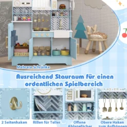 Kinder Spielküche mit Kaffeemaschine & Eiswürfelspender Holz Kinderküche Puppenküche Blau