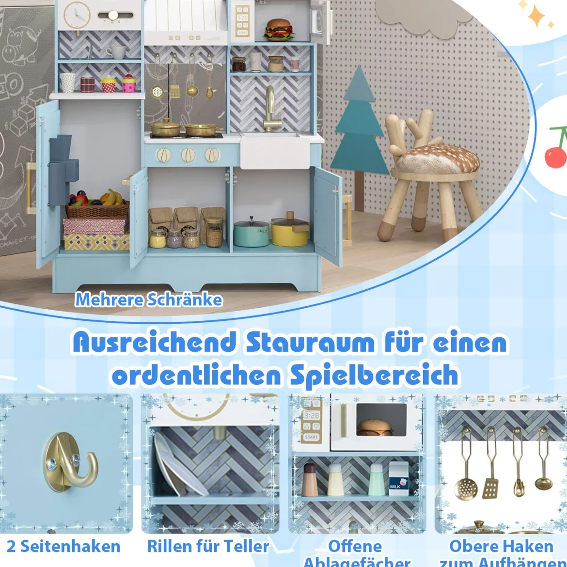 Kinder Spielküche mit Kaffeemaschine & Eiswürfelspender Holz Kinderküche Puppenküche Blau
