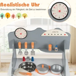 Kinder Spielküche mit Komplettem Zubehör Puppenkühe mit Uhr & Herd & Gewürzregal Grau