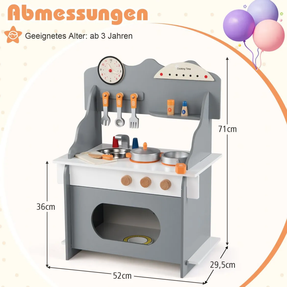 Kinder Spielküche mit Komplettem Zubehör Puppenkühe mit Uhr & Herd & Gewürzregal Grau