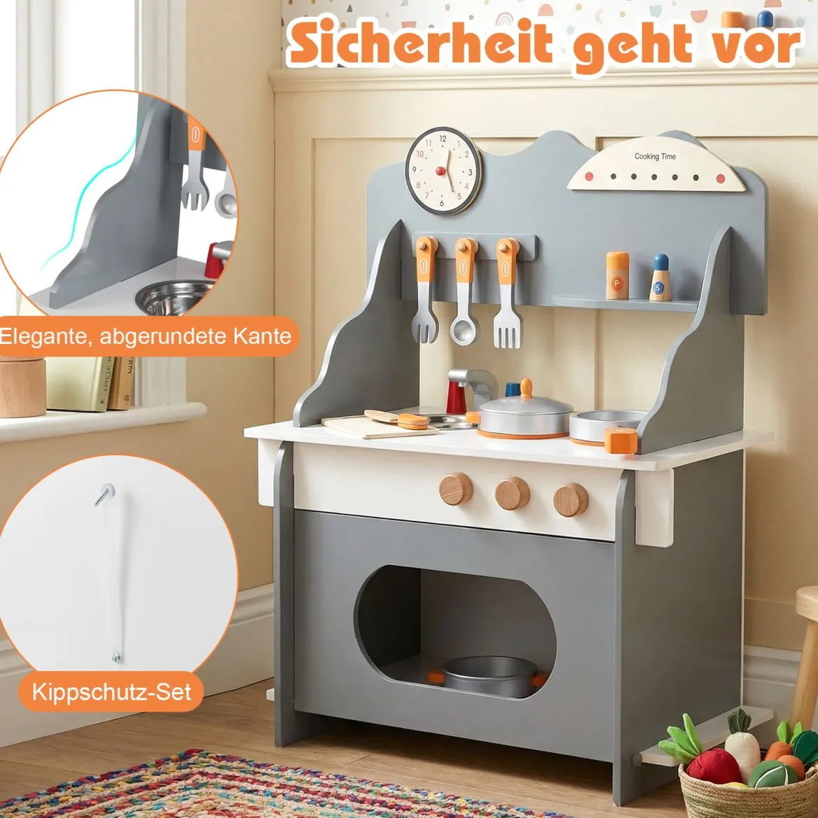 Kinder Spielküche mit Komplettem Zubehör Puppenkühe mit Uhr & Herd & Gewürzregal Grau