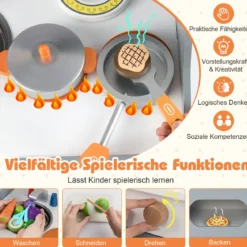 Kinder Spielküche mit Komplettem Zubehör Puppenkühe mit Uhr & Herd & Gewürzregal Grau