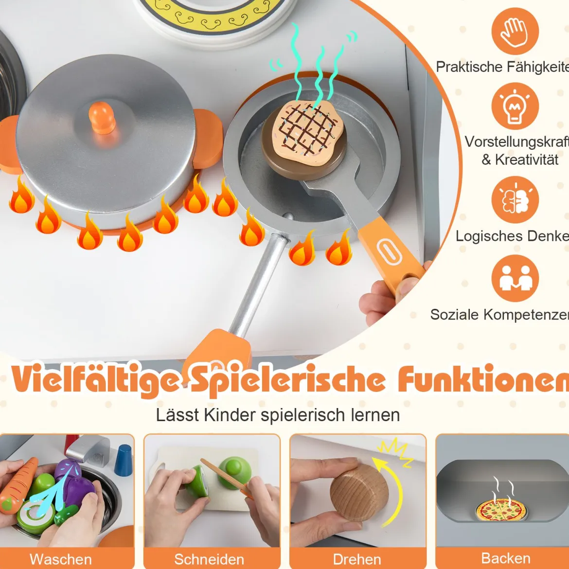Kinder Spielküche mit Komplettem Zubehör Puppenkühe mit Uhr & Herd & Gewürzregal Grau